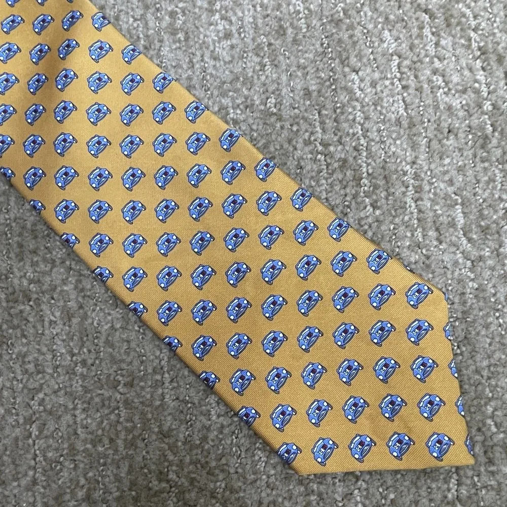 Brooks Brothers Makers Necktie Gold Blue Car Motif All‎ Over Print 3.75